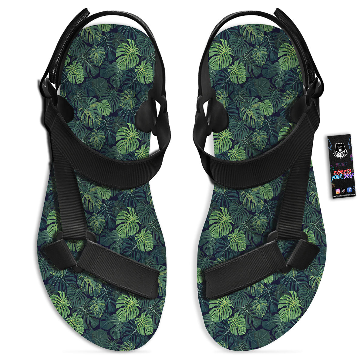 Monstera Green Tropical Print Pattern Black Open Toe Sandals-grizzshop