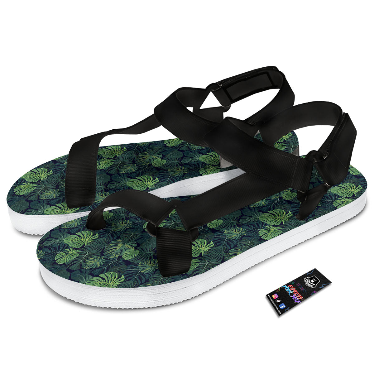 Monstera Green Tropical Print Pattern Black Open Toe Sandals-grizzshop