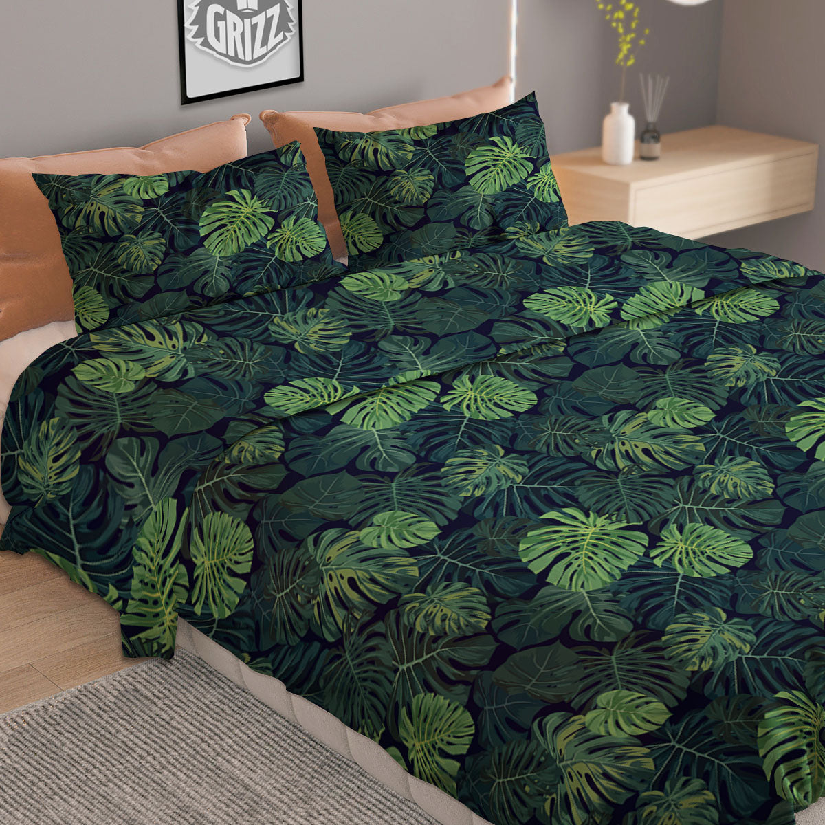 Monstera Green Tropical Print Pattern Duvet Cover Bedding Set