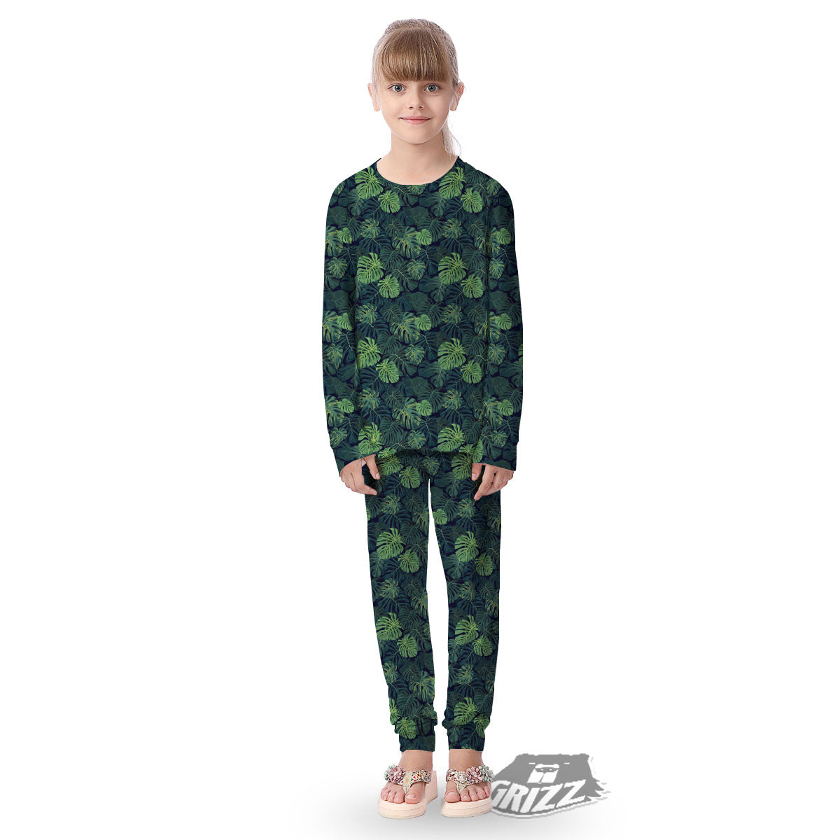Monstera Green Tropical Print Pattern Kid's Pajamas-grizzshop