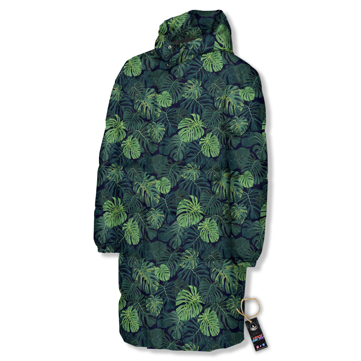 Monstera Green Tropical Print Pattern Long Down Jacket-grizzshop
