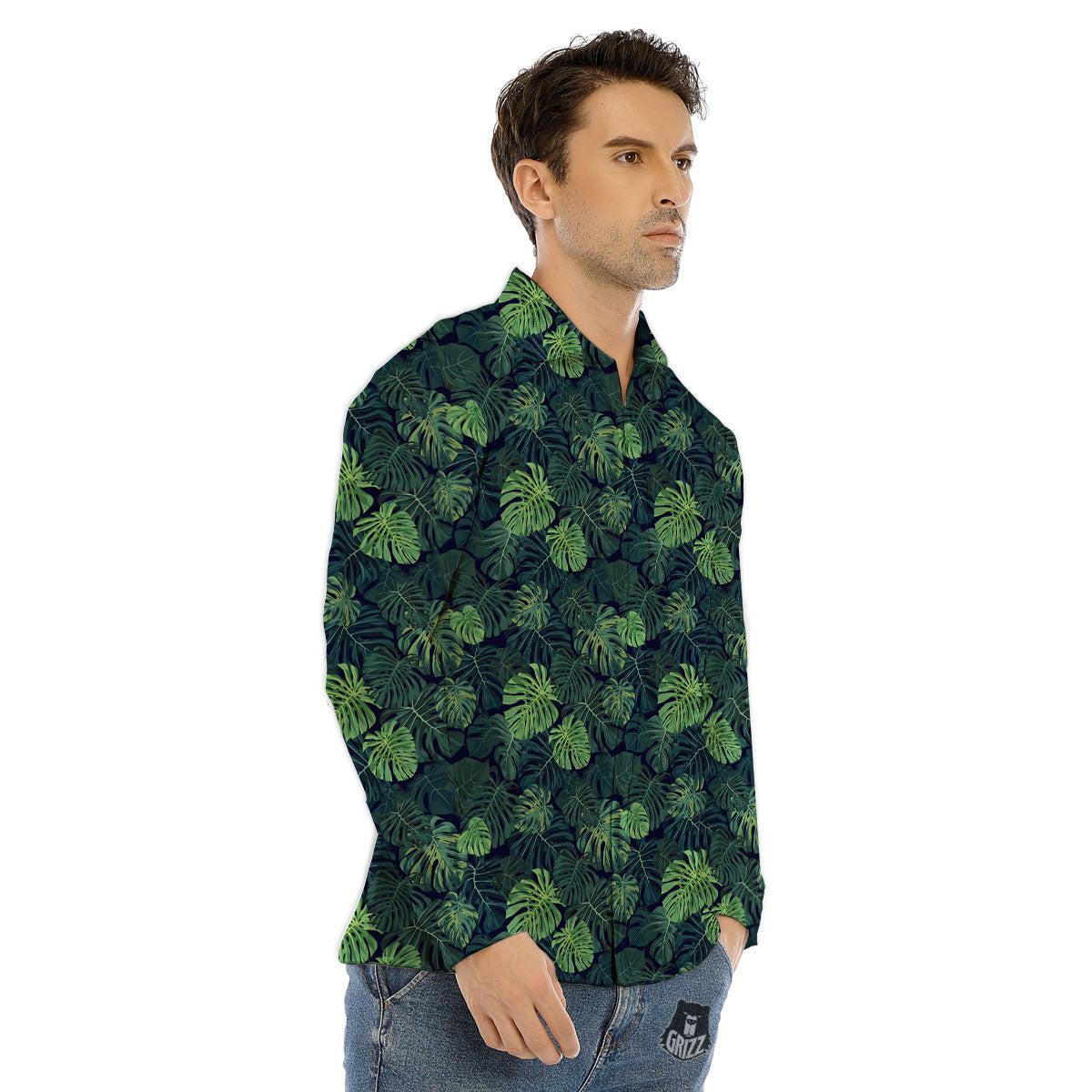 Monstera Green Tropical Print Pattern Men's Dress Shirts-grizzshop