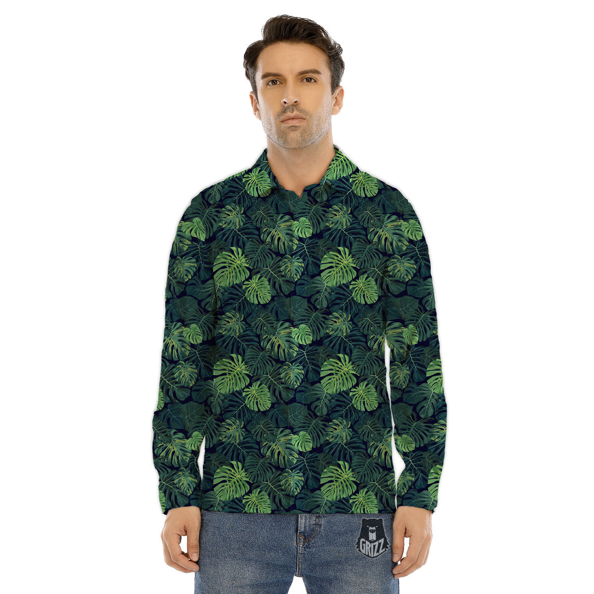 Monstera Green Tropical Print Pattern Men's Dress Shirts-grizzshop