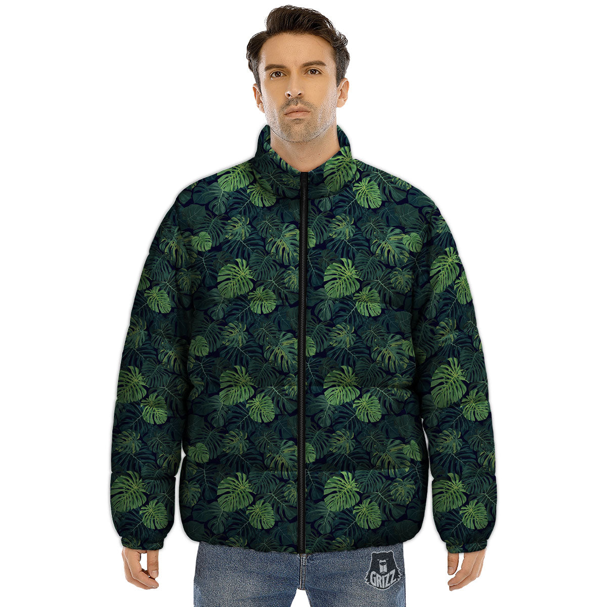 Monstera Green Tropical Print Pattern Puffer Jacket-grizzshop