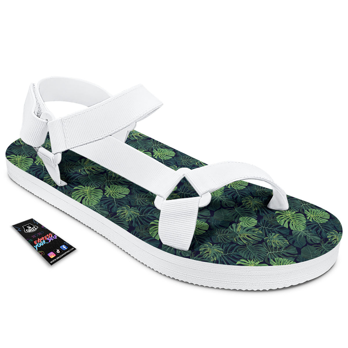 Monstera Green Tropical Print Pattern White Open Toe Sandals-grizzshop