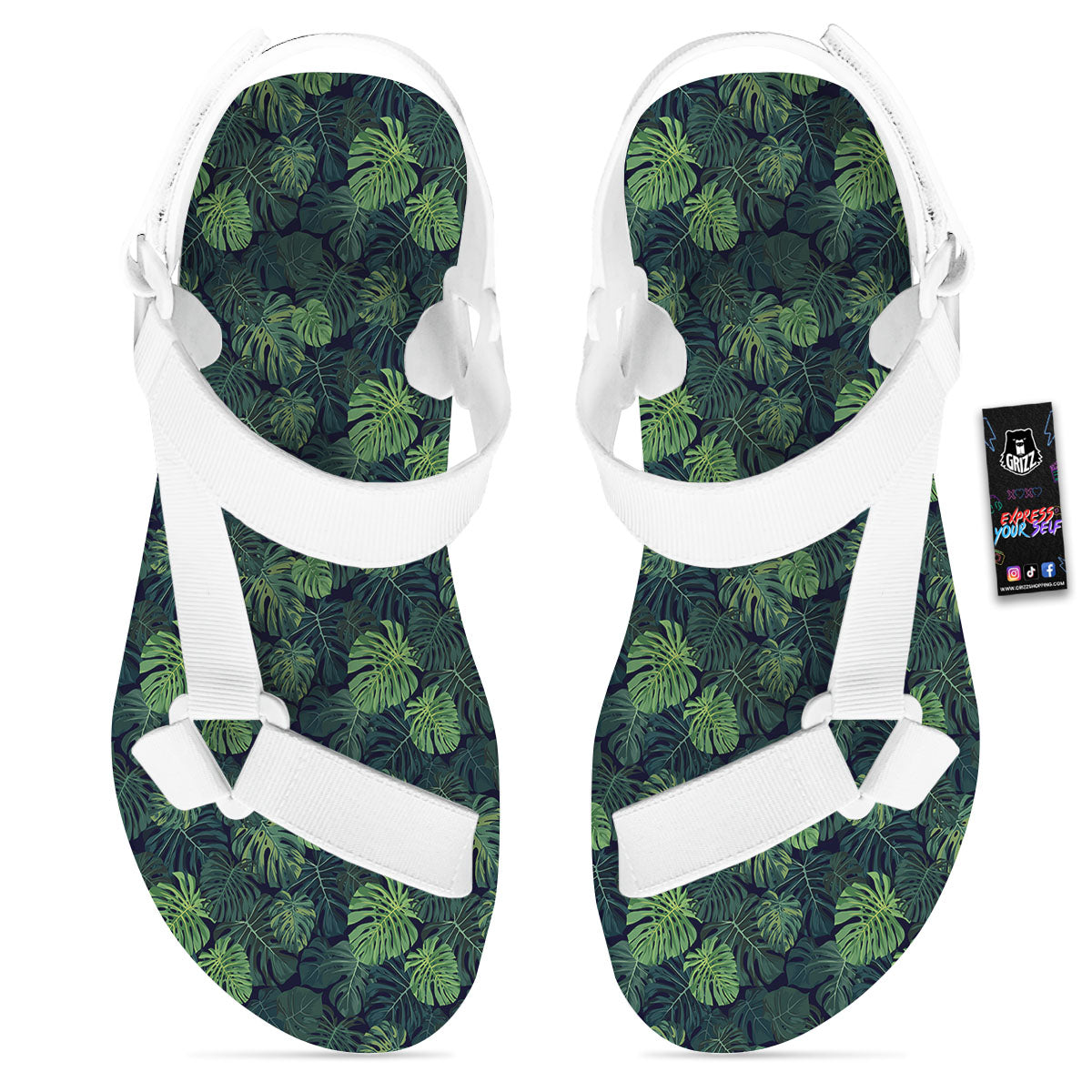 Monstera Green Tropical Print Pattern White Open Toe Sandals-grizzshop