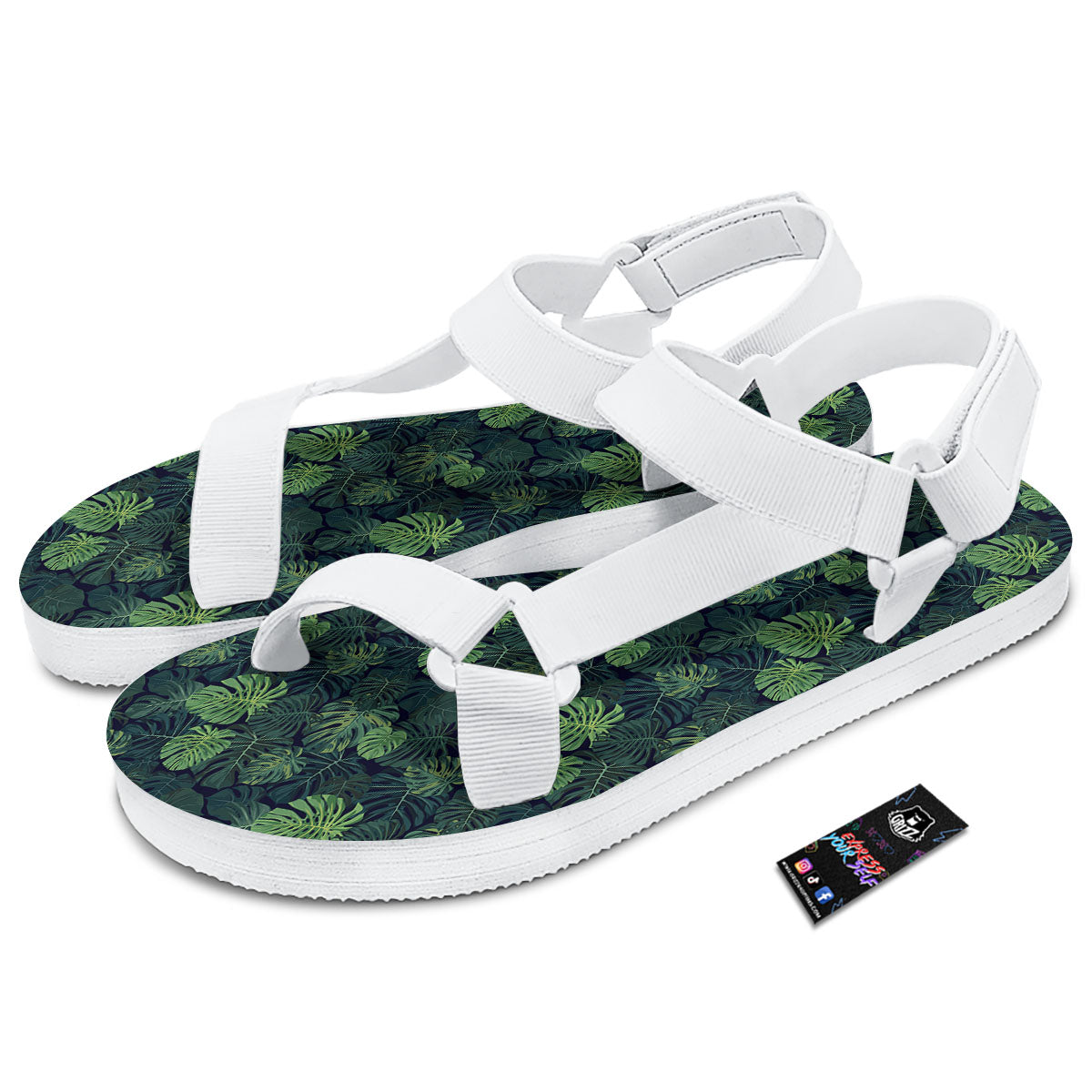 Monstera Green Tropical Print Pattern White Open Toe Sandals-grizzshop