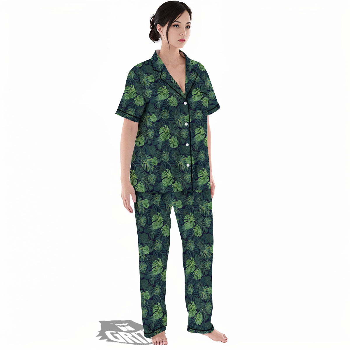 Monstera Green Tropical Print Pattern Women's Pajamas Set-grizzshop