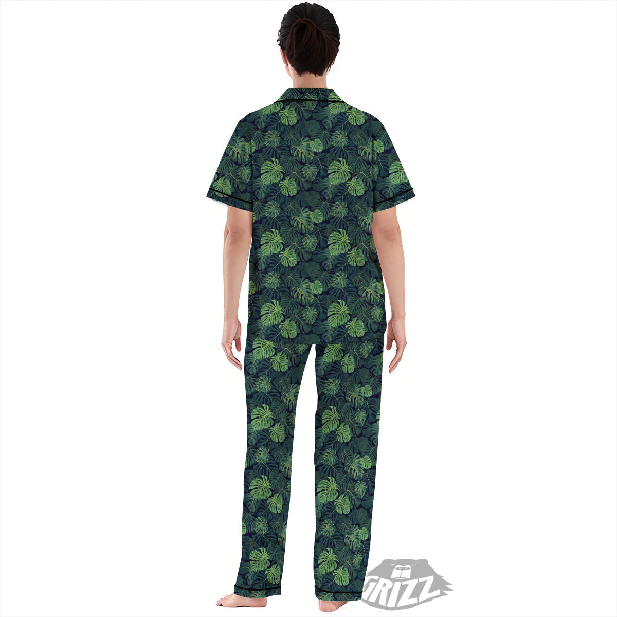 Monstera Green Tropical Print Pattern Women's Pajamas Set-grizzshop
