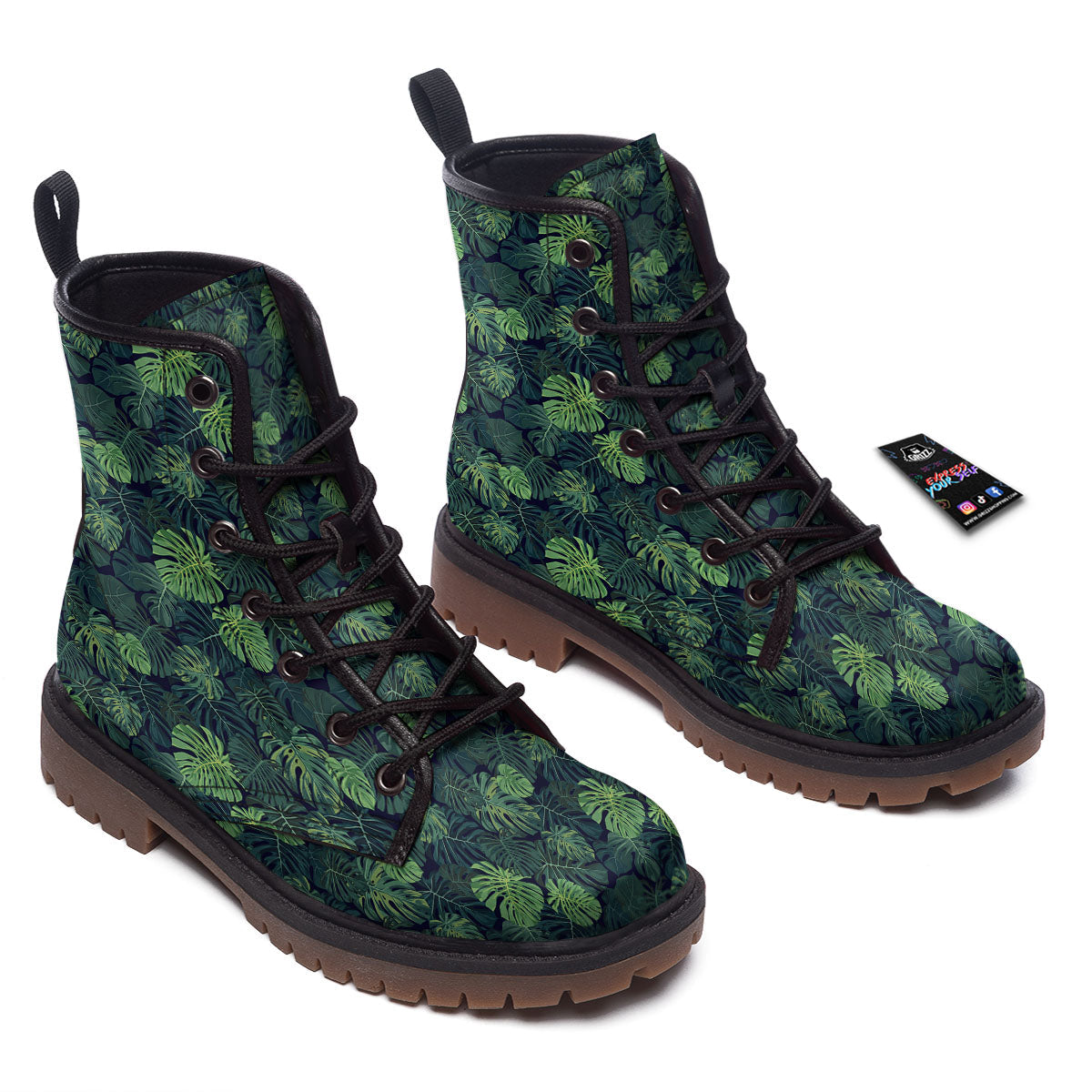 Monstera Green Tropical Print Pattern Work Boots-grizzshop