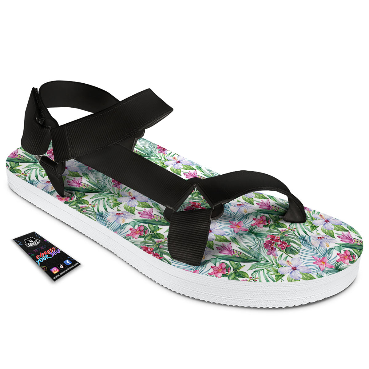 Monstera Hawaii Hibiscus Print Pattern Black Open Toe Sandals-grizzshop