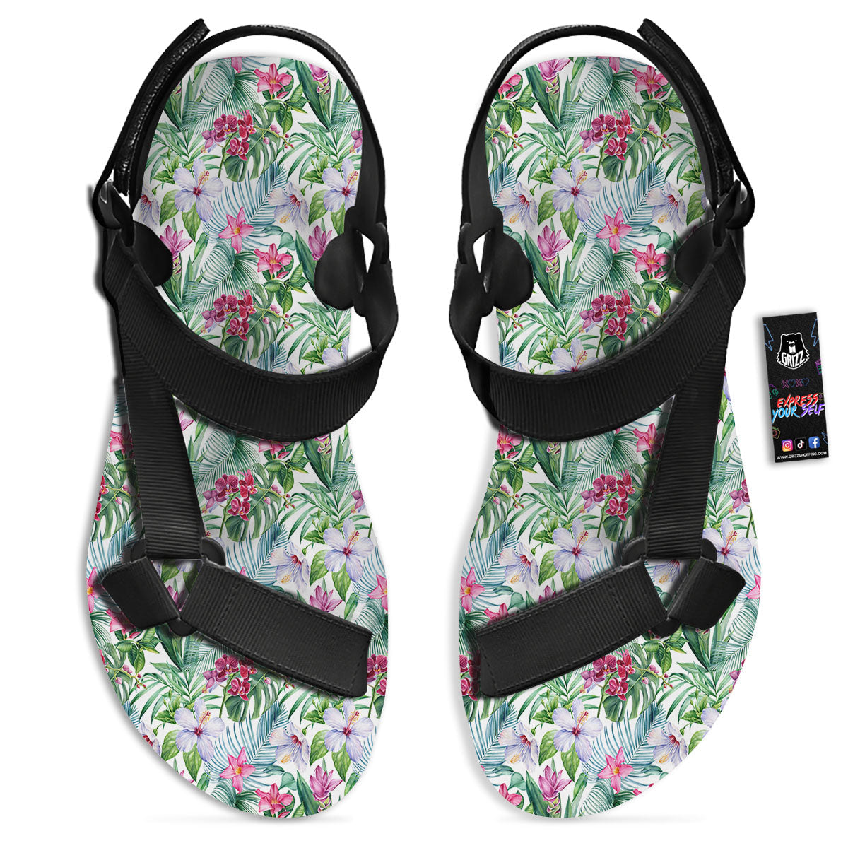 Monstera Hawaii Hibiscus Print Pattern Black Open Toe Sandals-grizzshop
