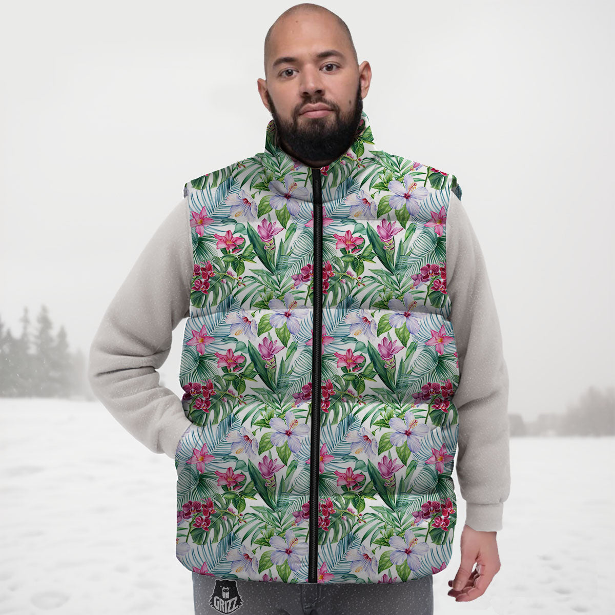 Monstera Hawaii Hibiscus Print Pattern Down Vest