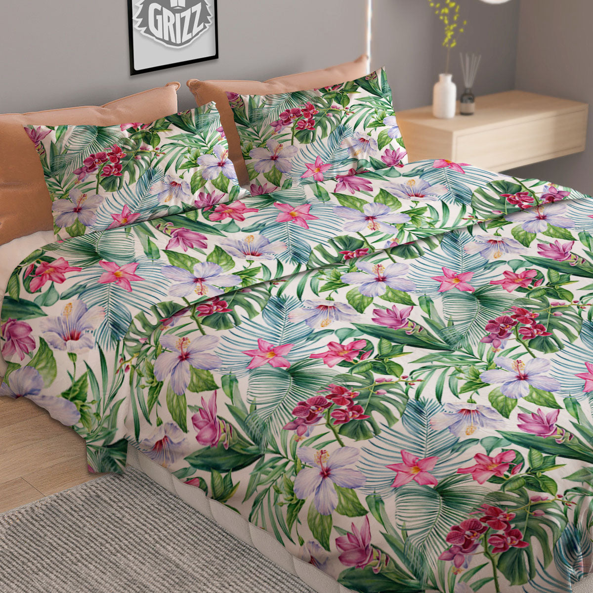 Monstera Hawaii Hibiscus Print Pattern Duvet Cover Bedding Set