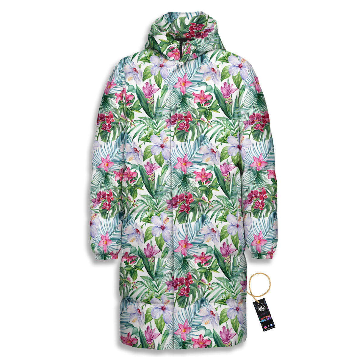 Monstera Hawaii Hibiscus Print Pattern Long Down Jacket-grizzshop