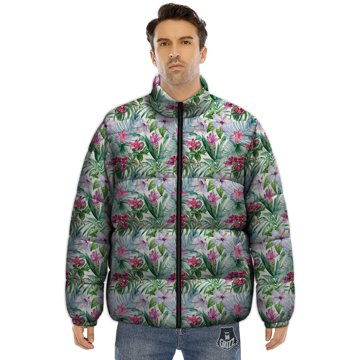 Monstera Hawaii Hibiscus Print Pattern Puffer Jacket-grizzshop