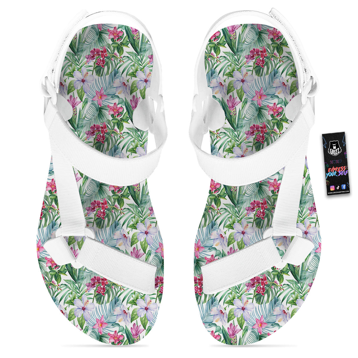Monstera Hawaii Hibiscus Print Pattern White Open Toe Sandals-grizzshop
