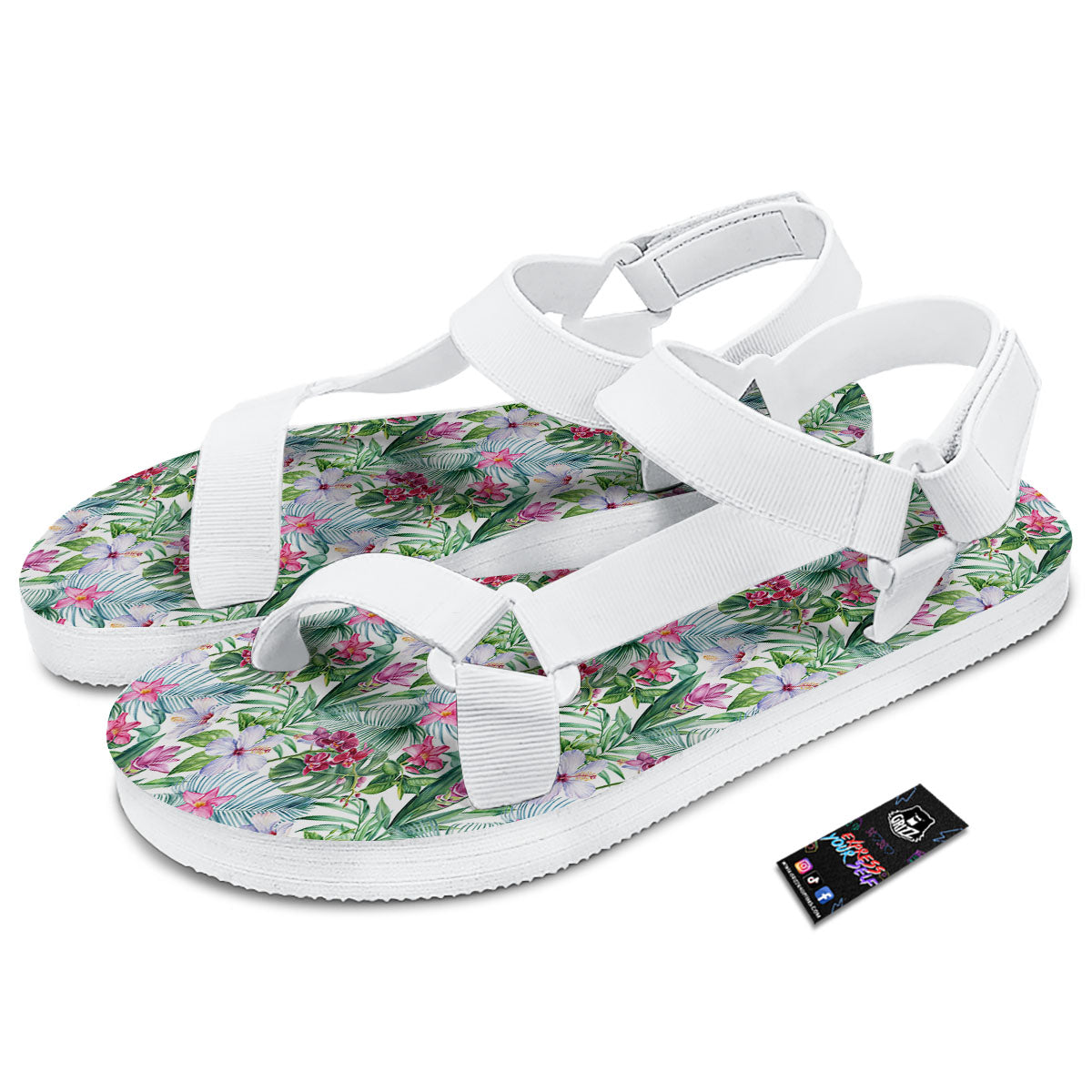 Monstera Hawaii Hibiscus Print Pattern White Open Toe Sandals-grizzshop
