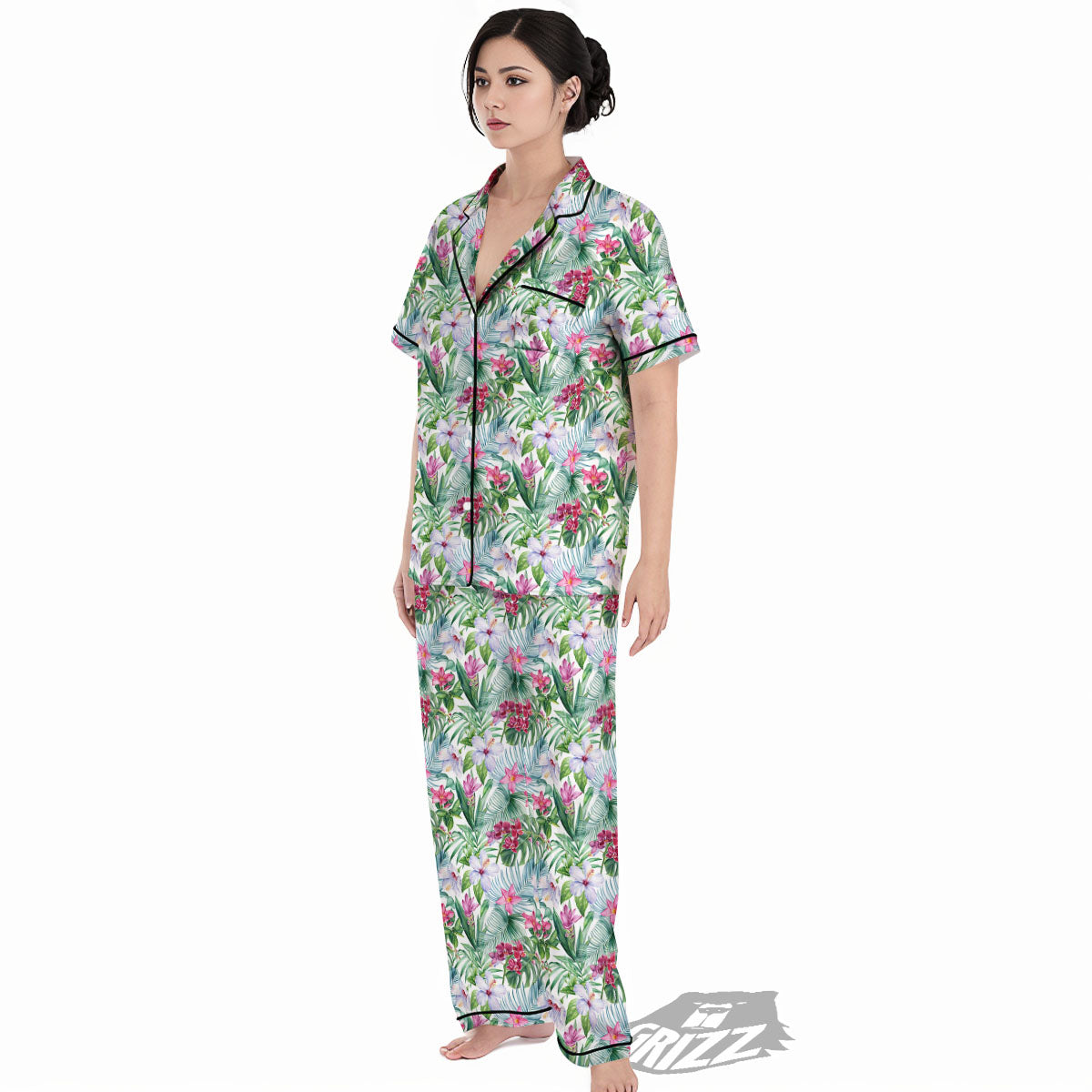 Monstera Hawaii Hibiscus Print Pattern Women's Pajamas Set-grizzshop