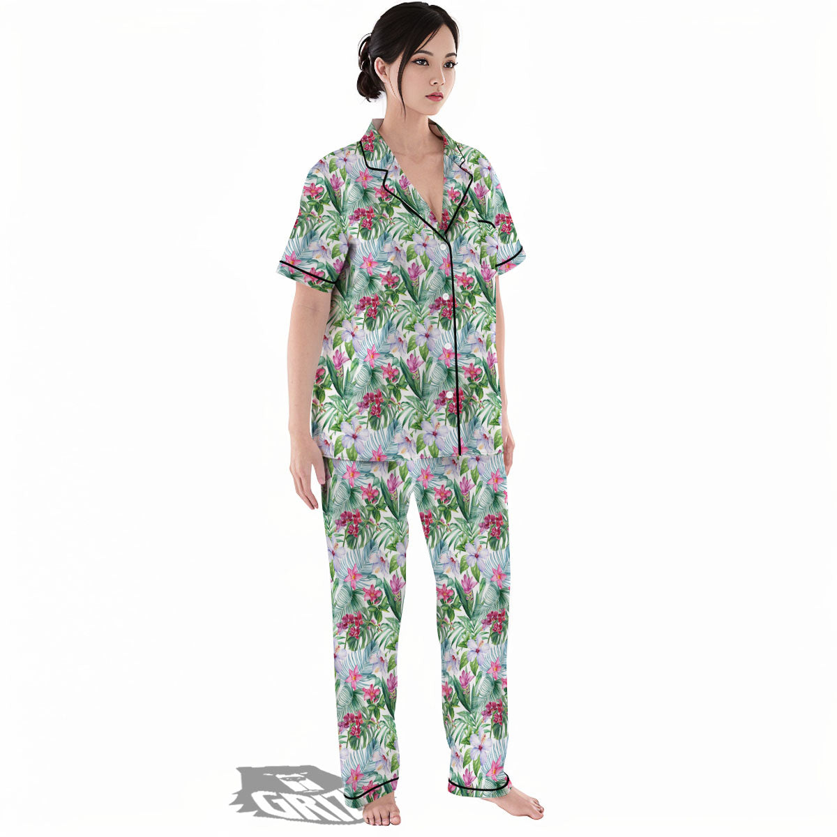 Monstera Hawaii Hibiscus Print Pattern Women's Pajamas Set-grizzshop