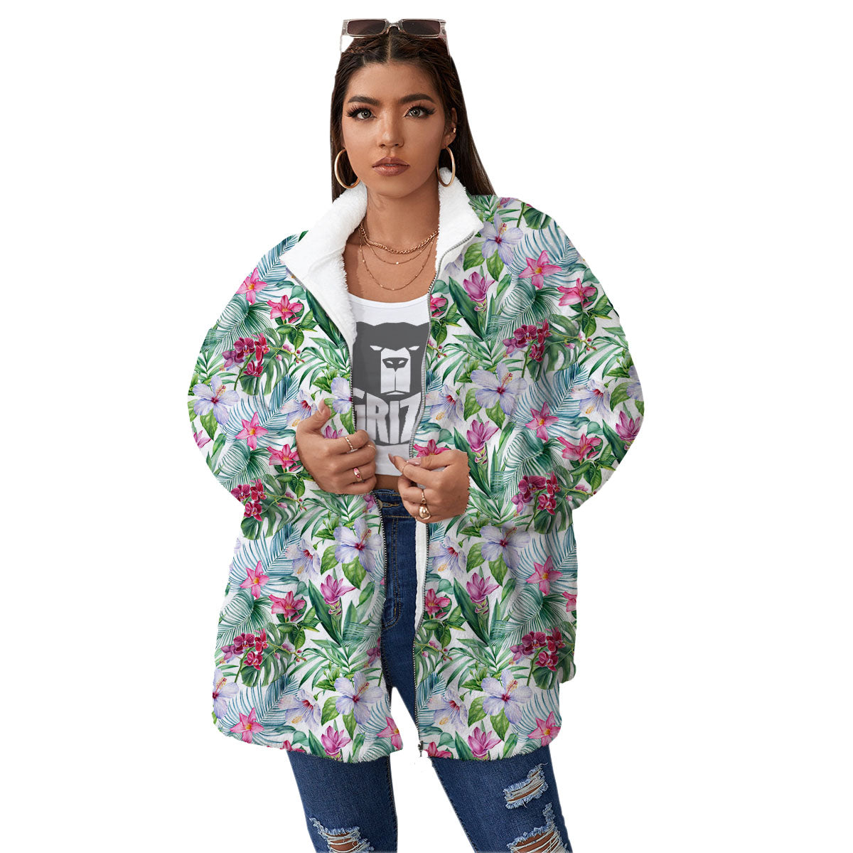 Monstera Hawaii Hibiscus Print Pattern Women's Sherpa Jacket-grizzshop