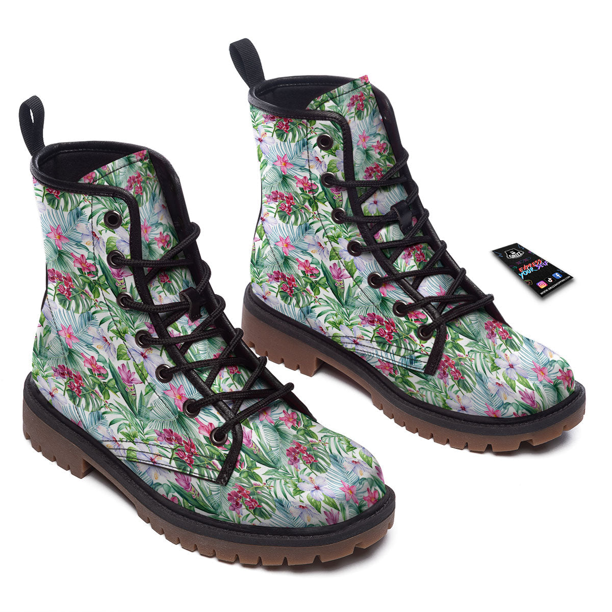 Monstera Hawaii Hibiscus Print Pattern Work Boots-grizzshop