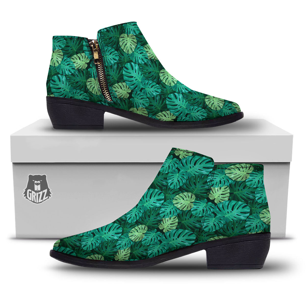 Monstera Leaf Green Print Ankle Boots-grizzshop