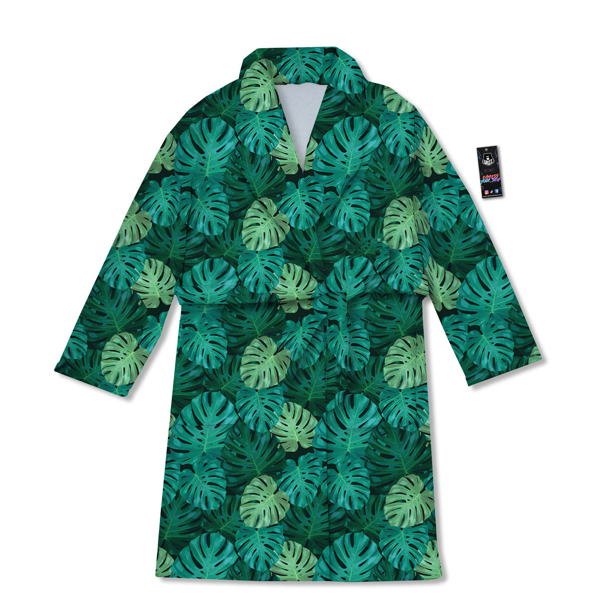 Monstera Leaf Green Print Bathrobe-grizzshop