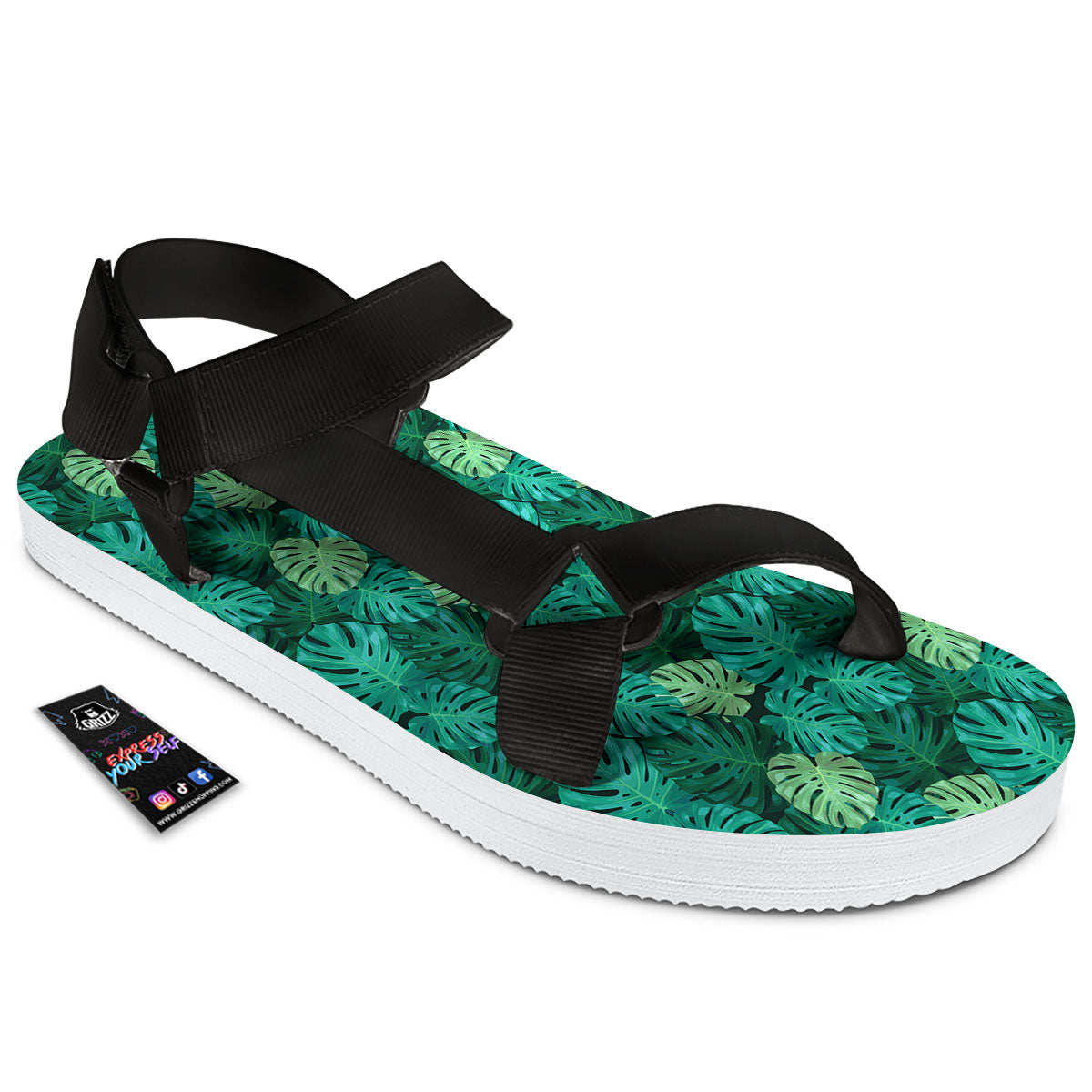 Monstera Leaf Green Print Black Open Toe Sandals-grizzshop