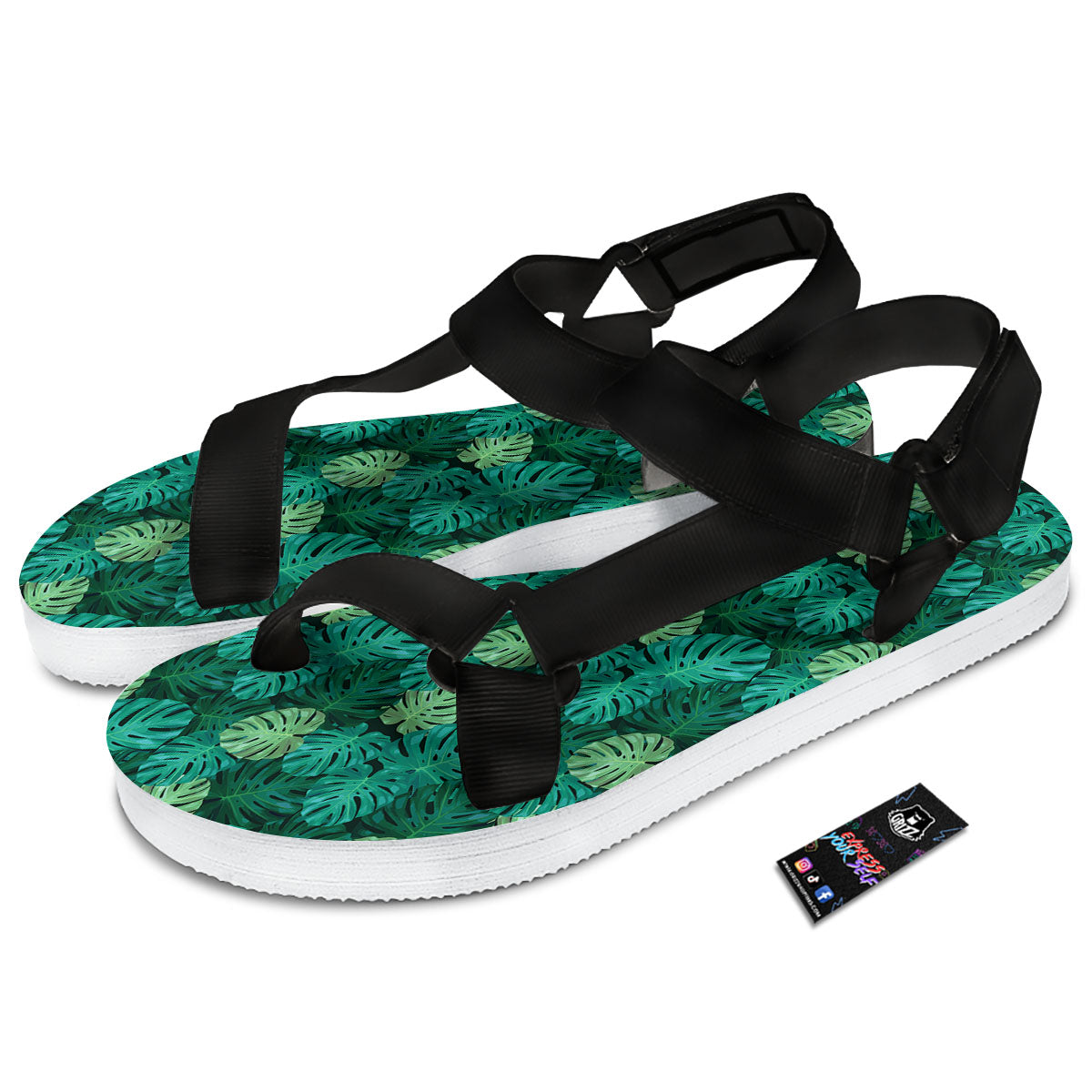 Monstera Leaf Green Print Black Open Toe Sandals-grizzshop