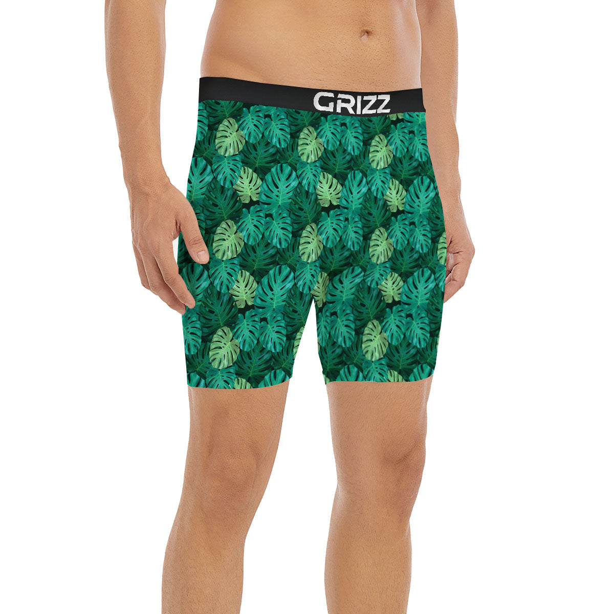 Monstera Leaf Green Print Boxer Briefs-grizzshop