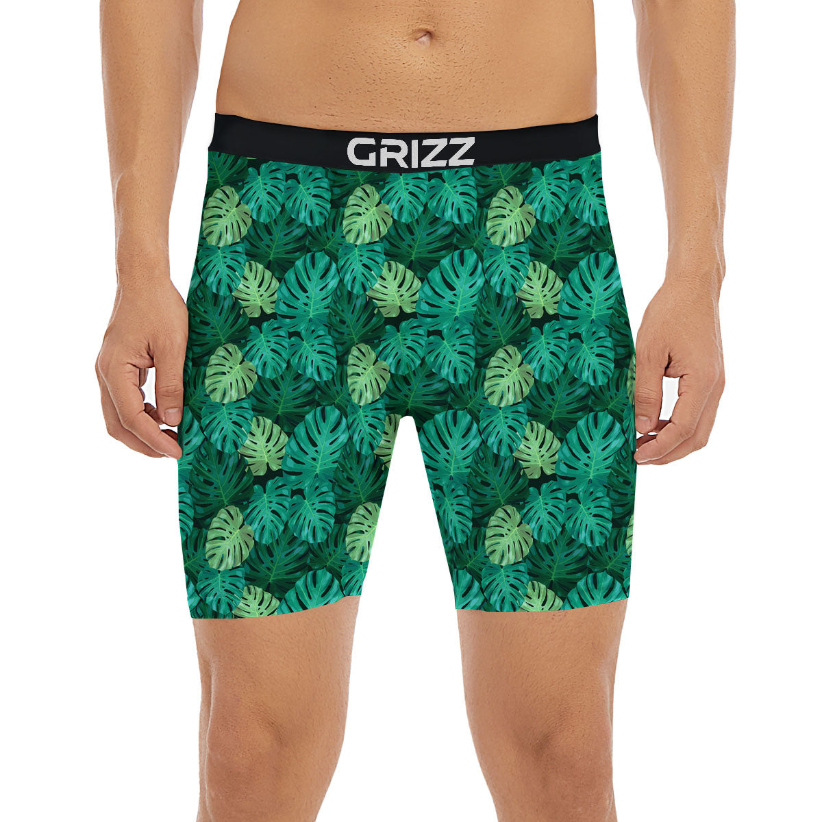 Monstera Leaf Green Print Boxer Briefs-grizzshop