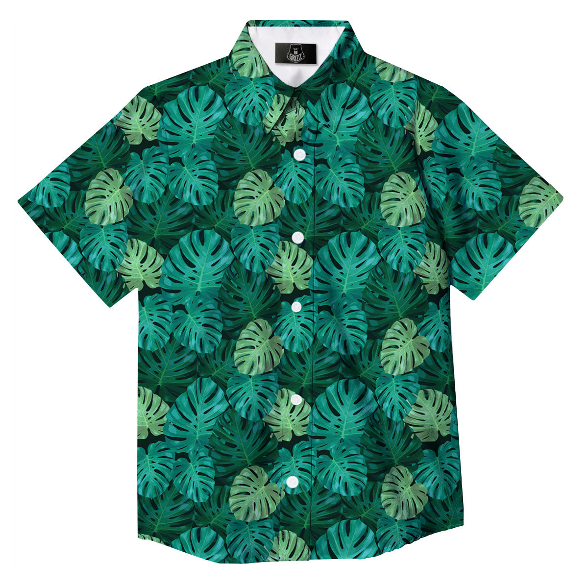 Monstera Leaf Green Print Button Up Shirt-grizzshop