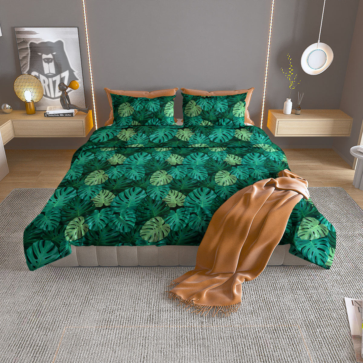 Monstera Leaf Green Print Duvet Cover Bedding Set
