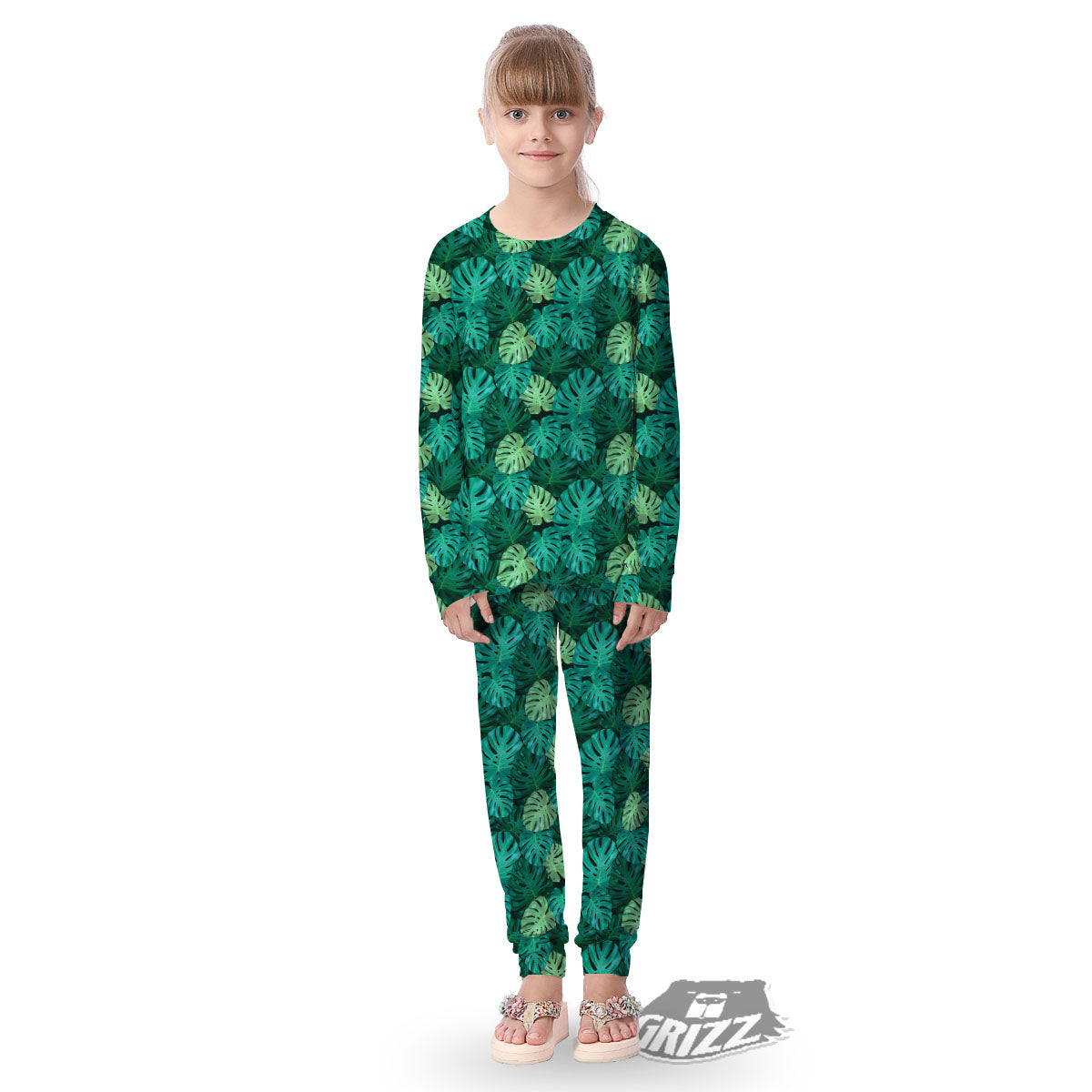 Monstera Leaf Green Print Kid's Pajamas-grizzshop