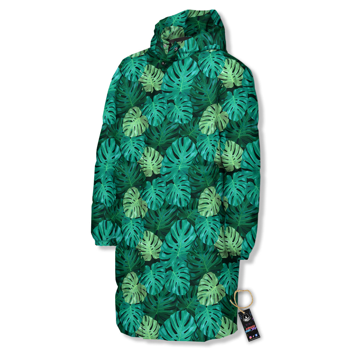 Monstera Leaf Green Print Long Down Jacket-grizzshop