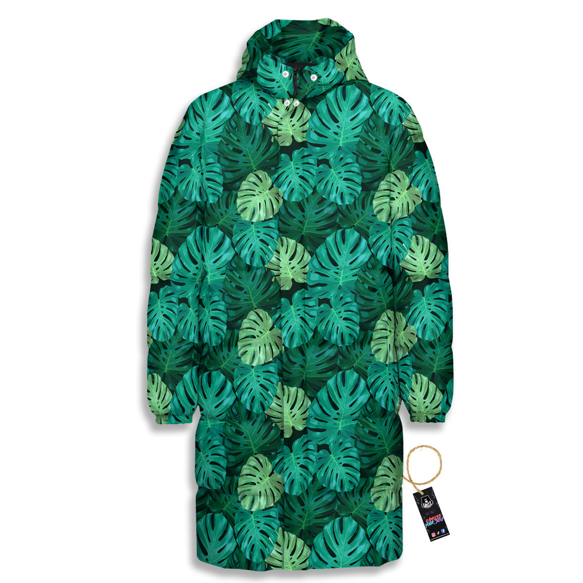 Monstera Leaf Green Print Long Down Jacket-grizzshop