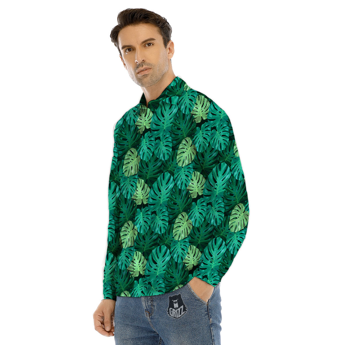 Monstera Leaf Green Print Men's Dress Shirts-grizzshop