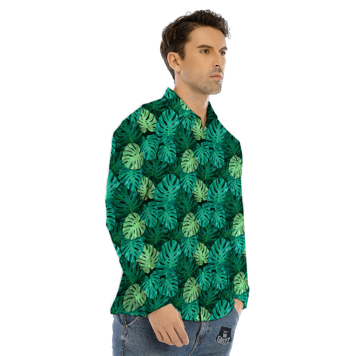 Monstera Leaf Green Print Men's Dress Shirts-grizzshop
