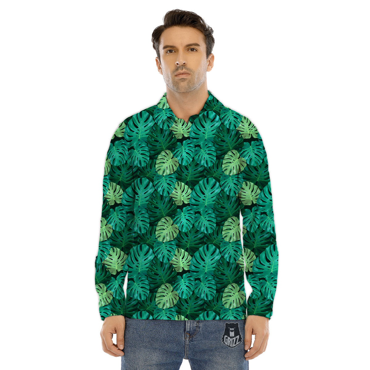 Monstera Leaf Green Print Men's Dress Shirts-grizzshop