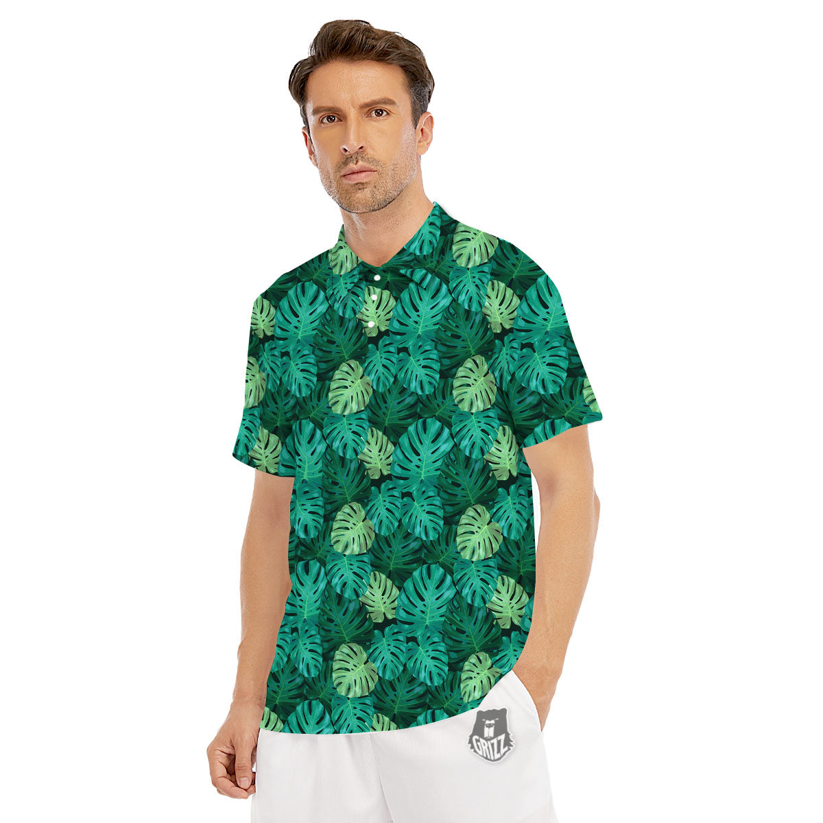 Monstera Leaf Green Print Men's Golf Shirts-grizzshop