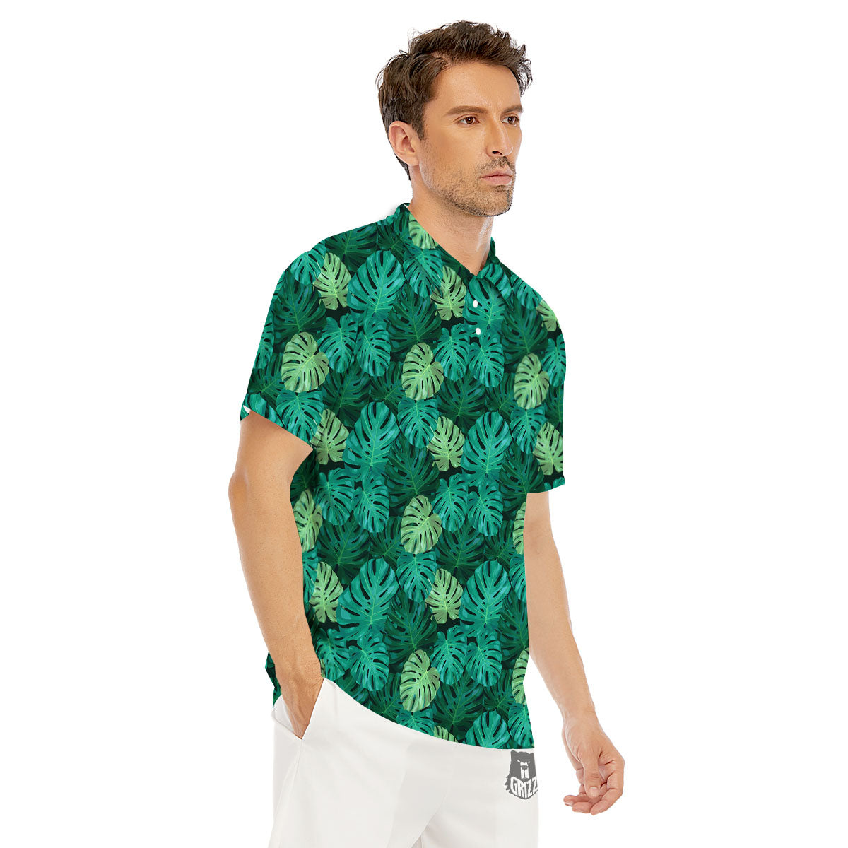 Monstera Leaf Green Print Men's Golf Shirts-grizzshop