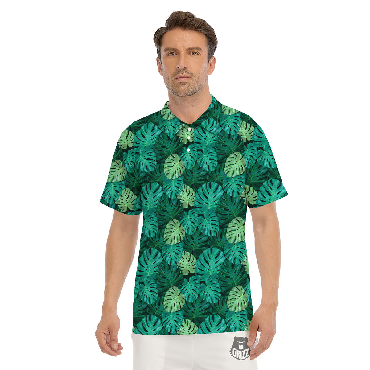 Monstera Leaf Green Print Men's Golf Shirts-grizzshop