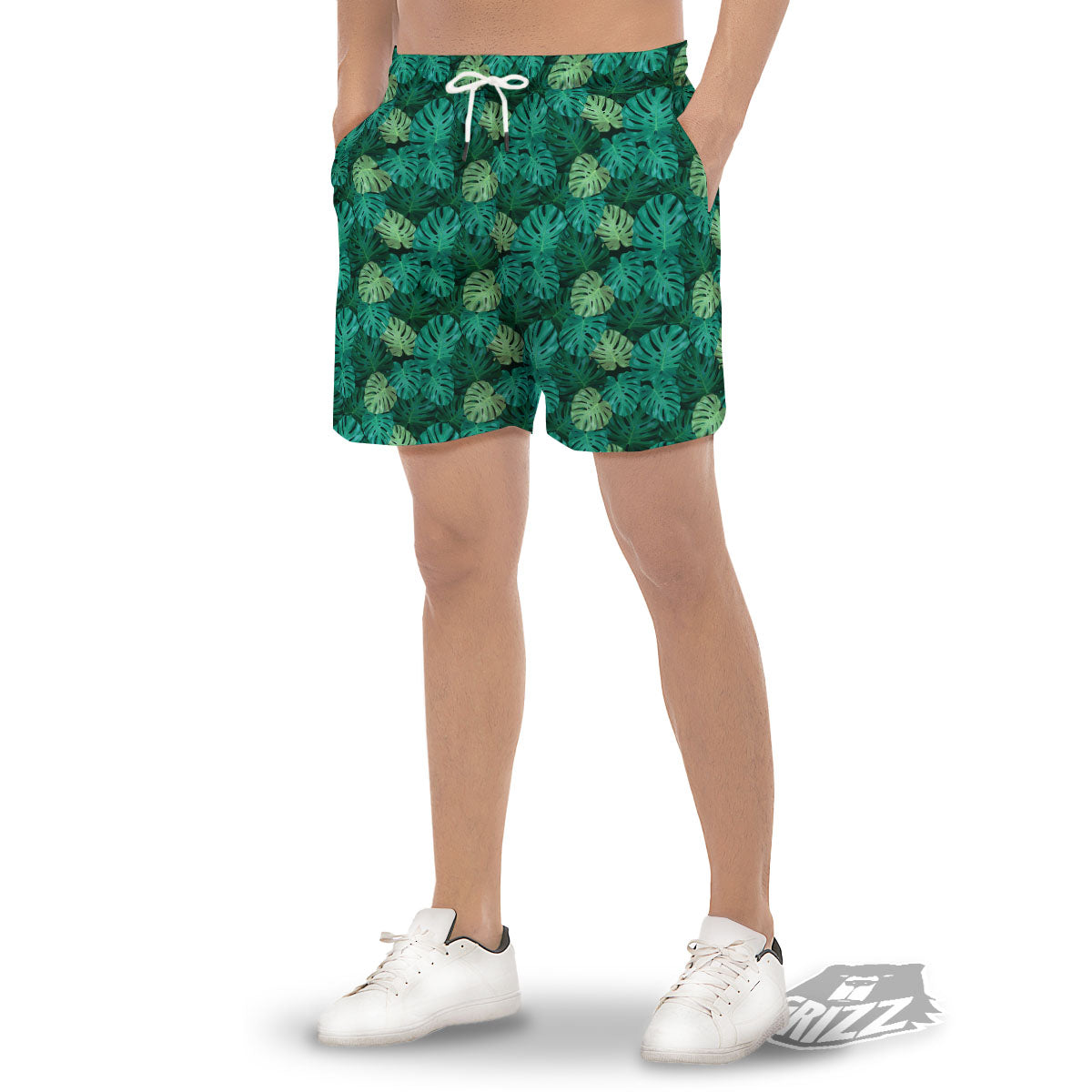 Monstera Leaf Green Print Men's Gym Shorts-grizzshop