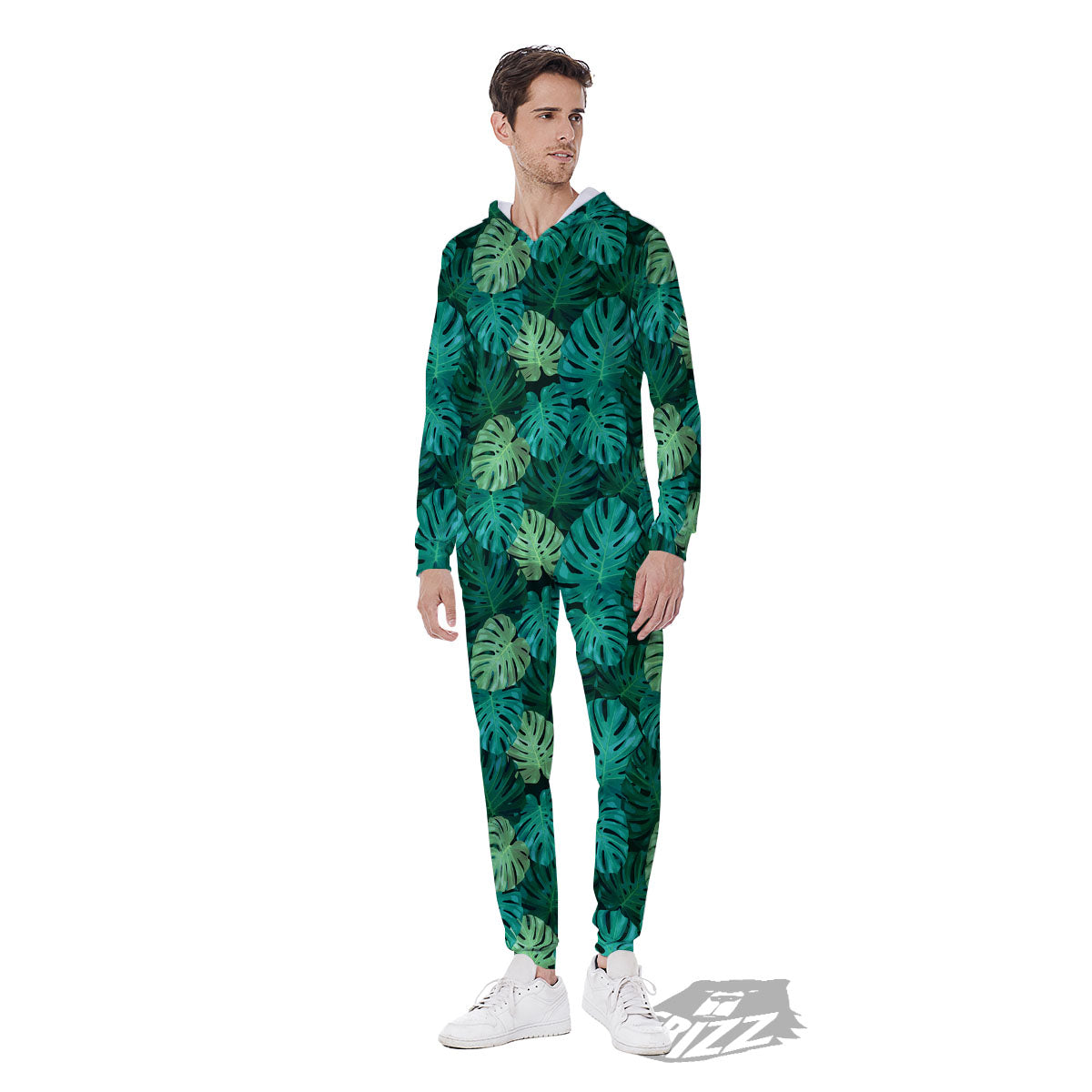 Monstera Leaf Green Print Men's Jumpsuit-grizzshop