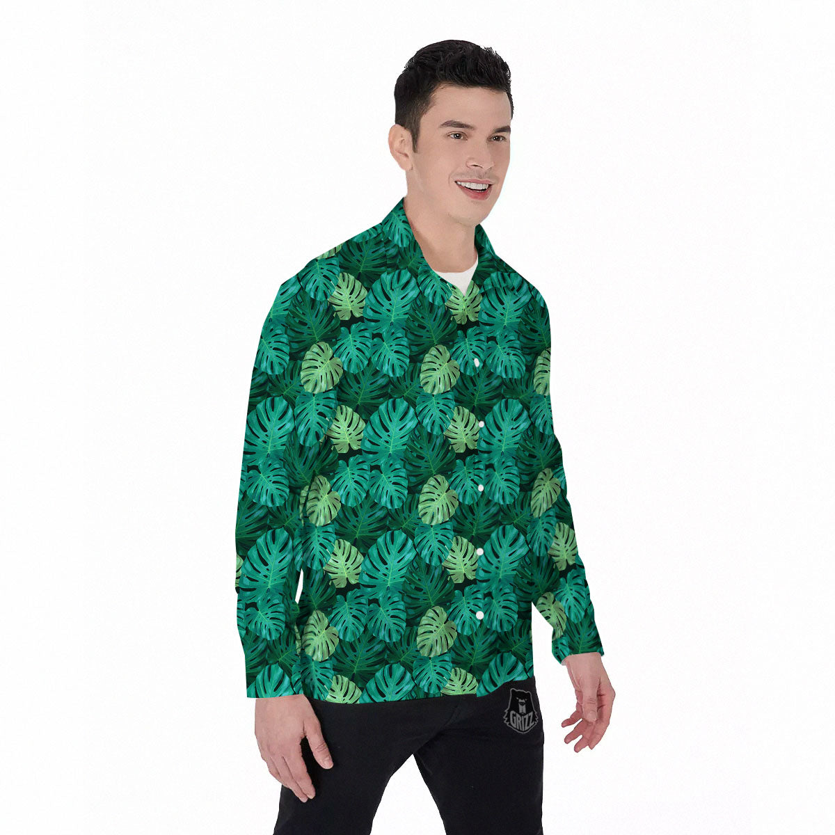 Monstera Leaf Green Print Men's Long Sleeve Shirts-grizzshop