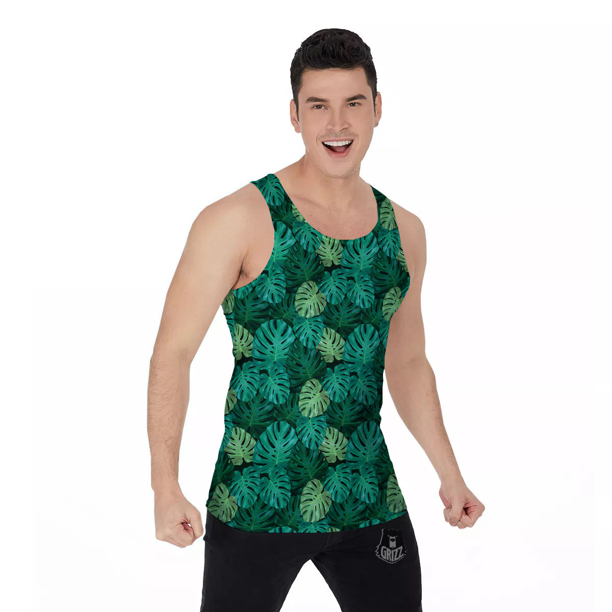 Monstera Leaf Green Print Men's Tank Top-grizzshop