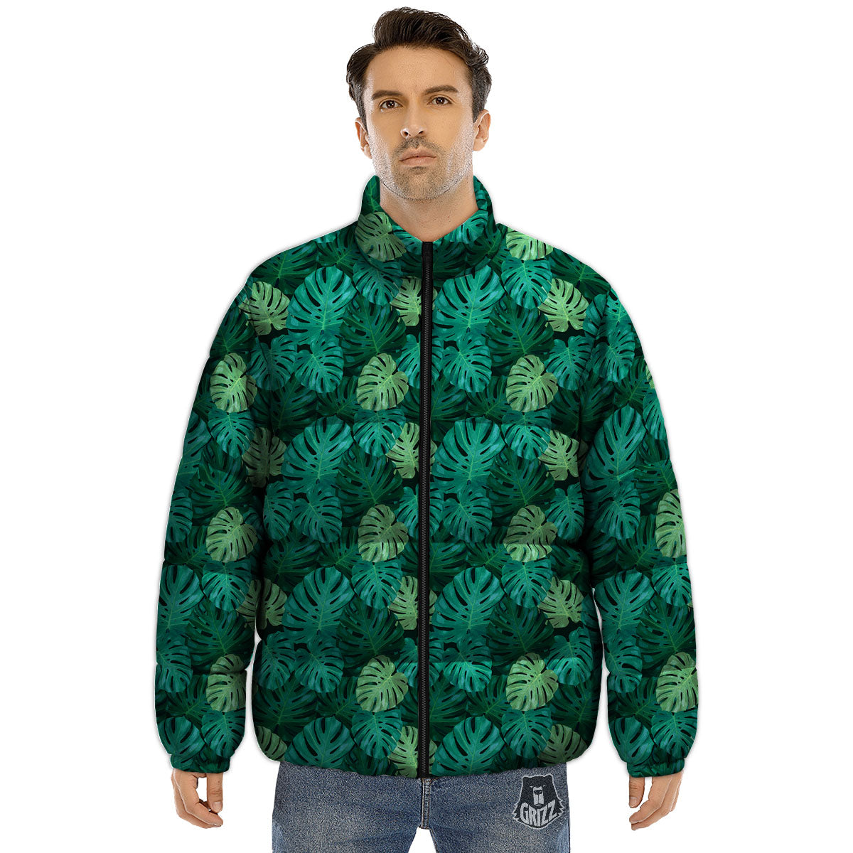 Monstera Leaf Green Print Puffer Jacket-grizzshop