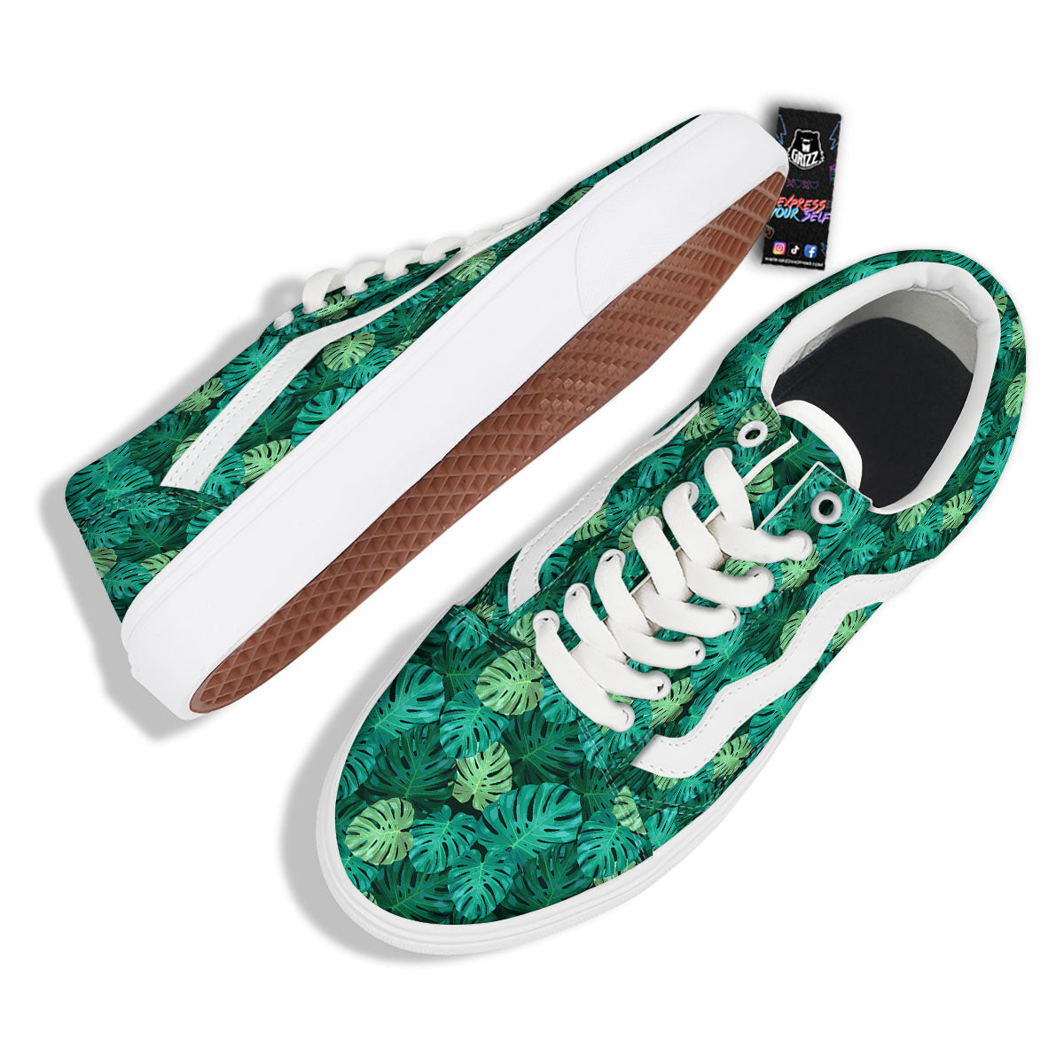 Monstera Leaf Green Print Skate Shoes-grizzshop