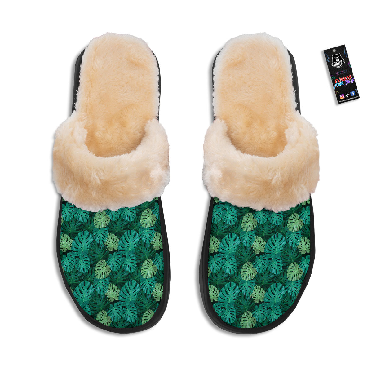 Monstera Leaf Green Print Slippers-grizzshop